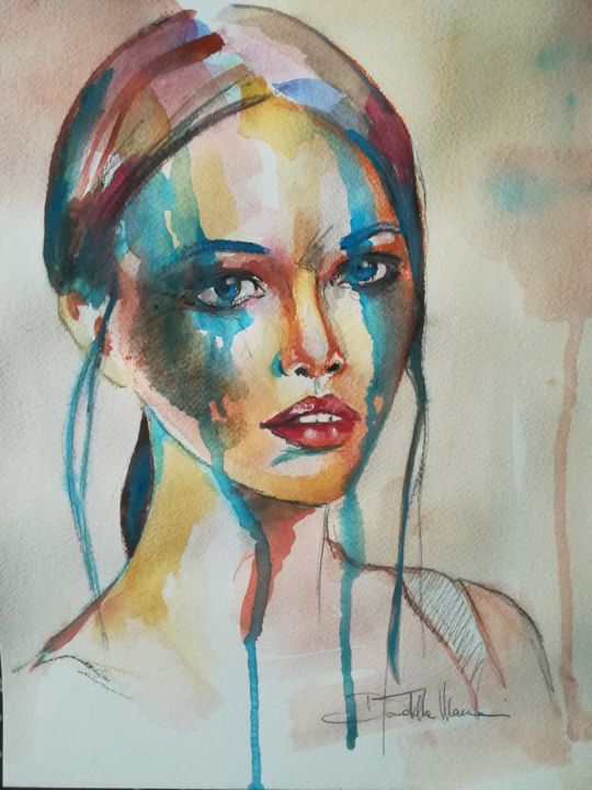 Painting titled "Blue II" by Donatella Marraoni, Original Artwork, Watercolor