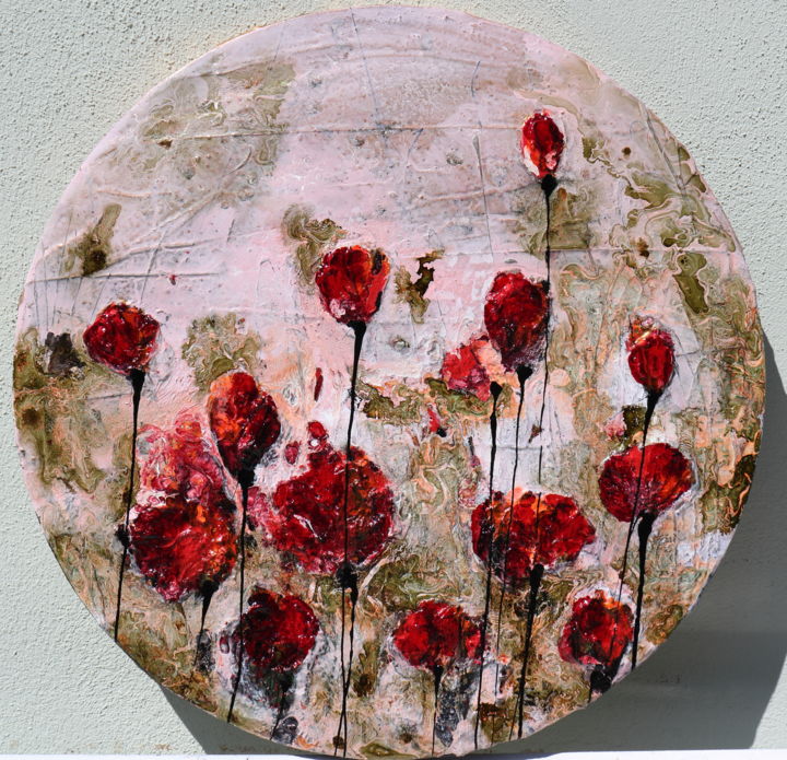 poppies red flowers in circle Painting by Donatella Marraoni | Artmajeur