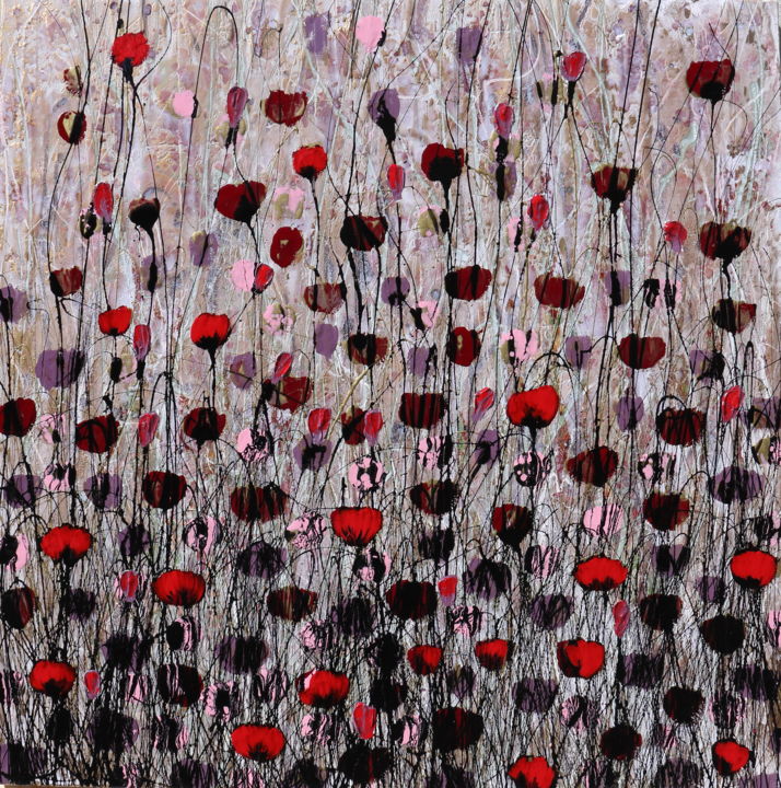 Painting titled "poppies and gold V" by Donatella Marraoni, Original Artwork, Oil