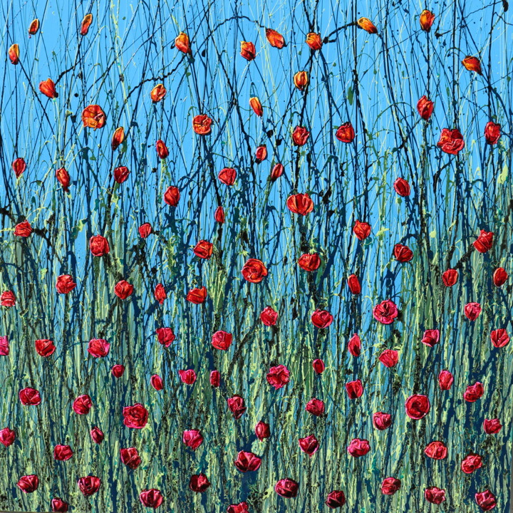 Pittura intitolato "poppies in the sky." da Donatella Marraoni, Opera d'arte originale, Olio