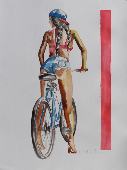Pittura intitolato "me and my bike" da Donatella Marraoni, Opera d'arte originale, Acquarello