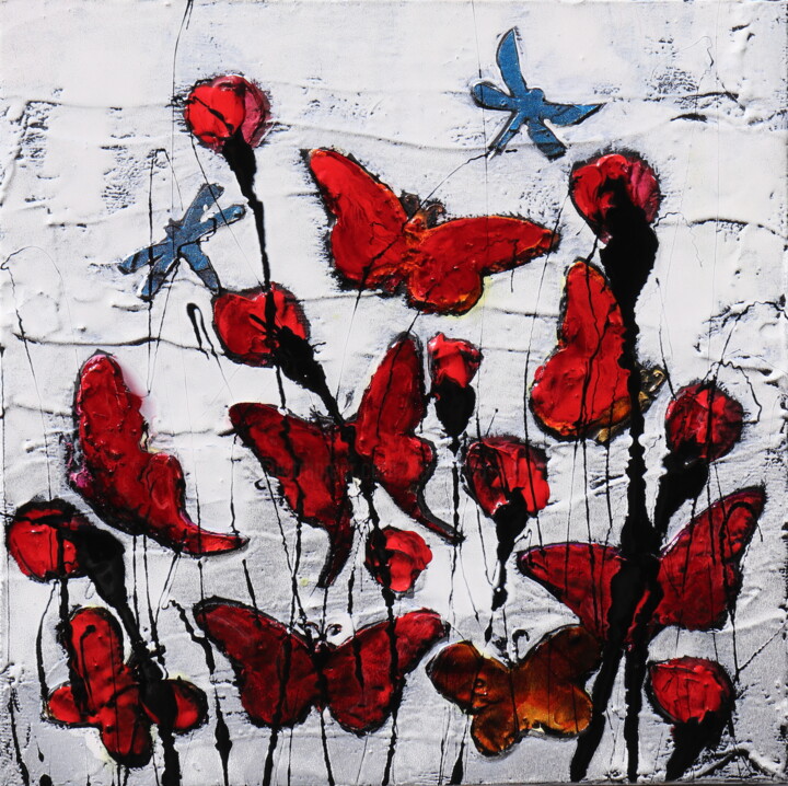 Pittura intitolato "butterfly and poppi…" da Donatella Marraoni, Opera d'arte originale, Olio