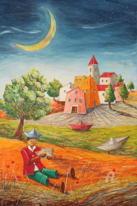 Painting titled ""Pinocchio"" by Donato Larotonda, Original Artwork, Acrylic Mounted on Wood Stretcher frame