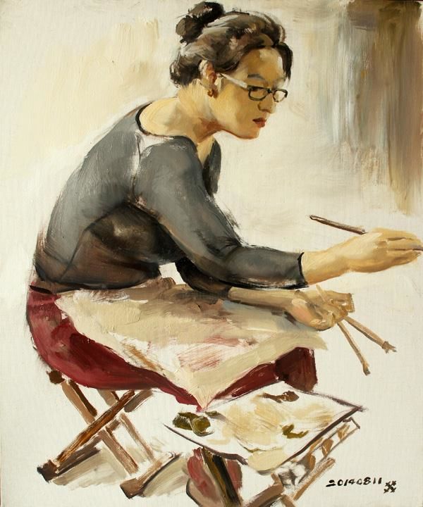 Painting titled "正在画画的小刁" by Dong Kui, Original Artwork, Oil