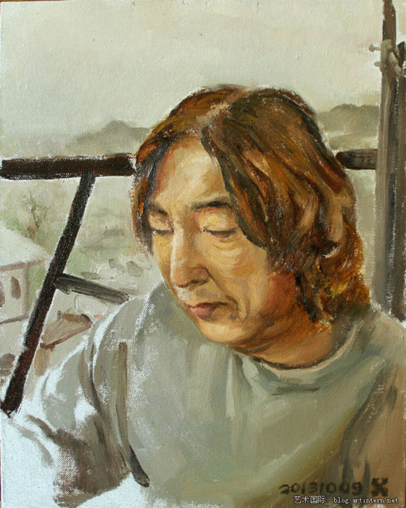 Painting titled "画家·杨一谦" by Dong Kui, Original Artwork, Oil