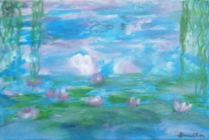 Peinture intitulée "花園（仿莫內）" par Mei Ha Chan (Donna), Œuvre d'art originale, Pigments Monté sur Panneau de bois