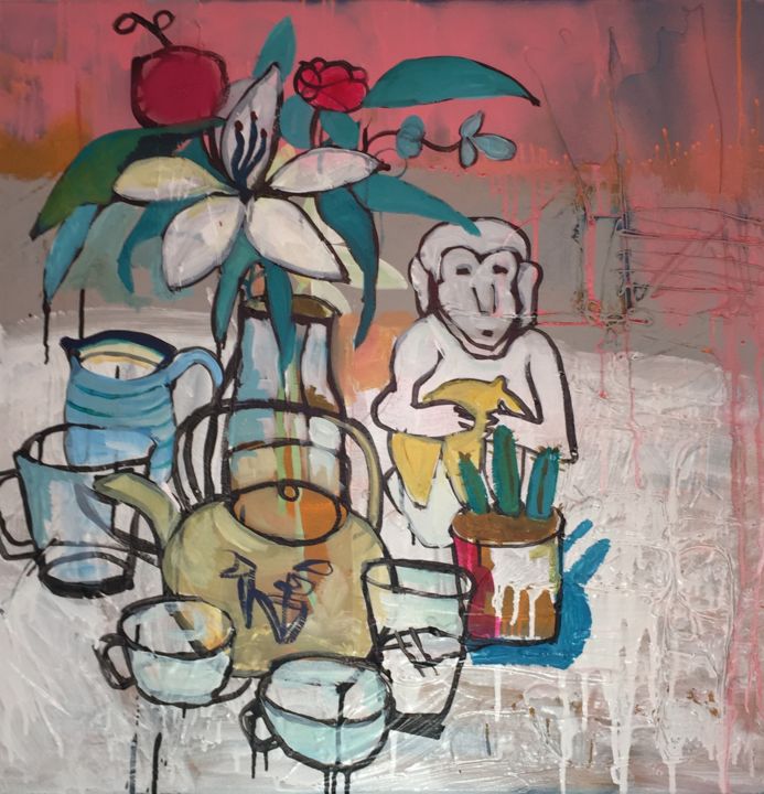 Painting titled "Tea in isolation" by Donna Nolan Art, Original Art, Acrylic Mounted on Stretcher frame