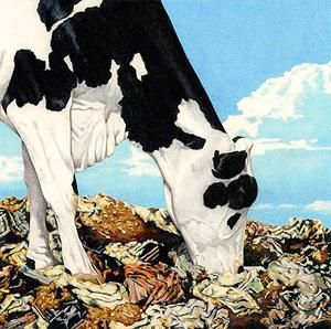 Painting titled "Cows On Garbage 1" by Don Simon, Original Art, Oil