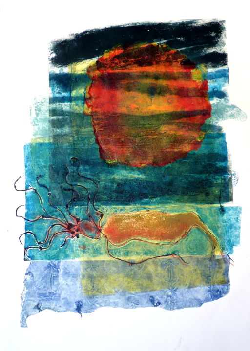 Printmaking titled "En un mar sin fondo" by Dora Márquez, Original Artwork, Collagraphy