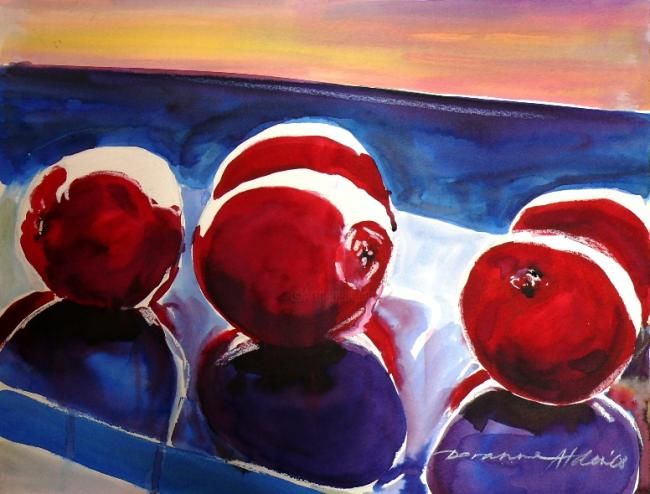 Painting titled "apples on blue" by Doranne Alden, Original Artwork, Watercolor