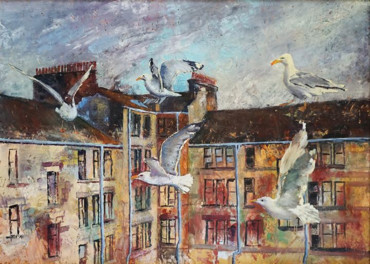 「My Glaswegian Birds…」というタイトルの絵画 Dora Storkによって, オリジナルのアートワーク, ワックス