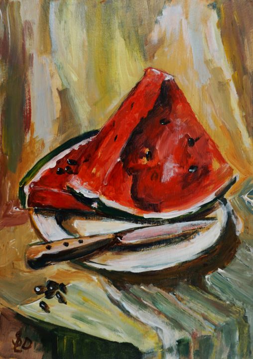Painting titled "Watermelon" by Dora Stork, Original Artwork, Acrylic Mounted on Wood Panel