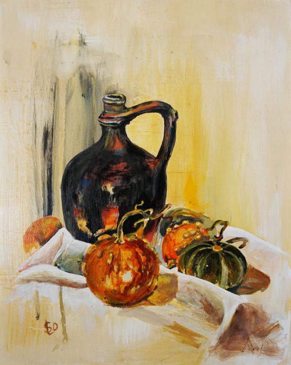 Schilderij getiteld "Still life with pum…" door Dora Stork, Origineel Kunstwerk, Acryl