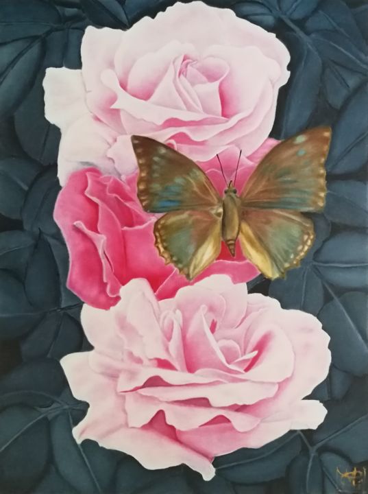 Painting titled "Roses et papillon 2" by Mélanie Cavalec, Original Artwork, Oil Mounted on Wood Stretcher frame