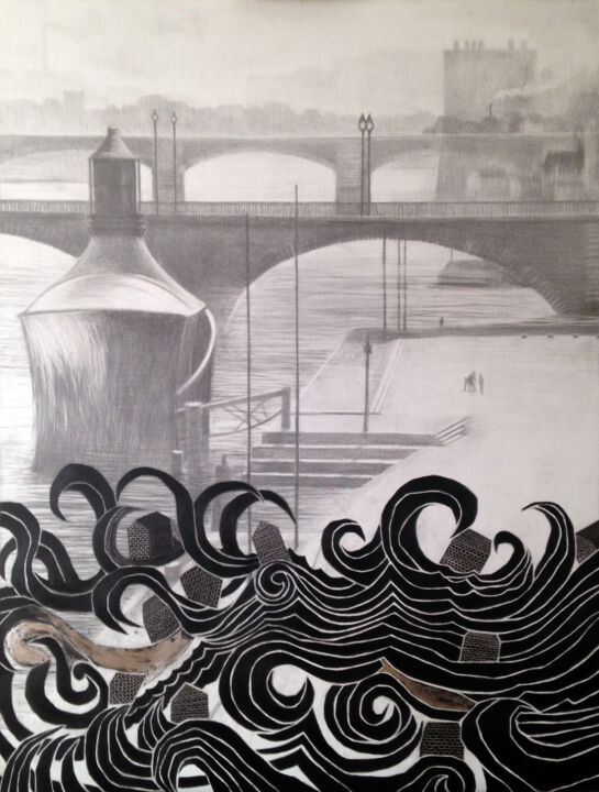 Peinture intitulée "Paris inondé" par Dorine Knecht, Œuvre d'art originale, Crayon