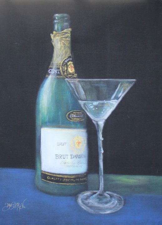 Malerei mit dem Titel "Sektflasche mit Glas" von Doris Perren, Original-Kunstwerk, Acryl