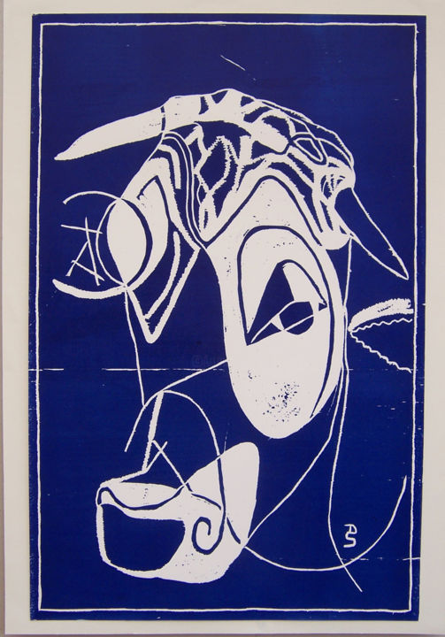 Gravures & estampes intitulée "Kuhkopf Karneval" par Doris Steffens, Œuvre d'art originale, Xylographie