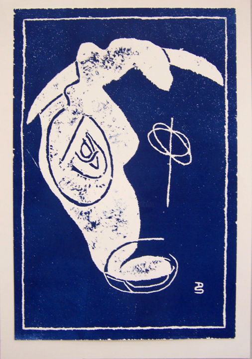 Gravures & estampes intitulée "Kuhkopf Mondkalb" par Doris Steffens, Œuvre d'art originale, Xylographie