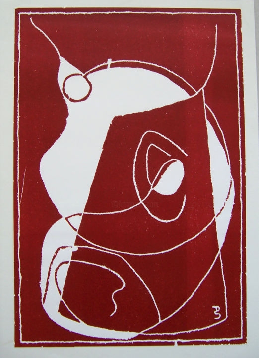 Gravures & estampes intitulée "Kuhkopf rot" par Doris Steffens, Œuvre d'art originale, Xylographie
