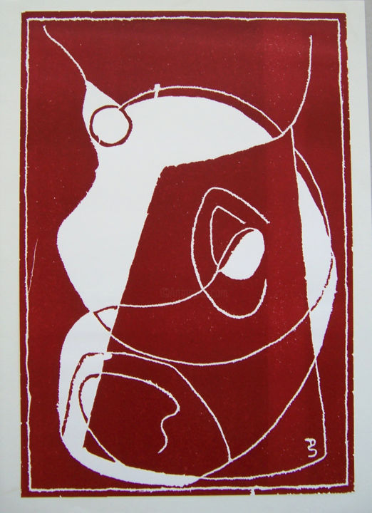 Printmaking titled "Kuhkopf rot" by Doris Steffens, Original Artwork, Xylography