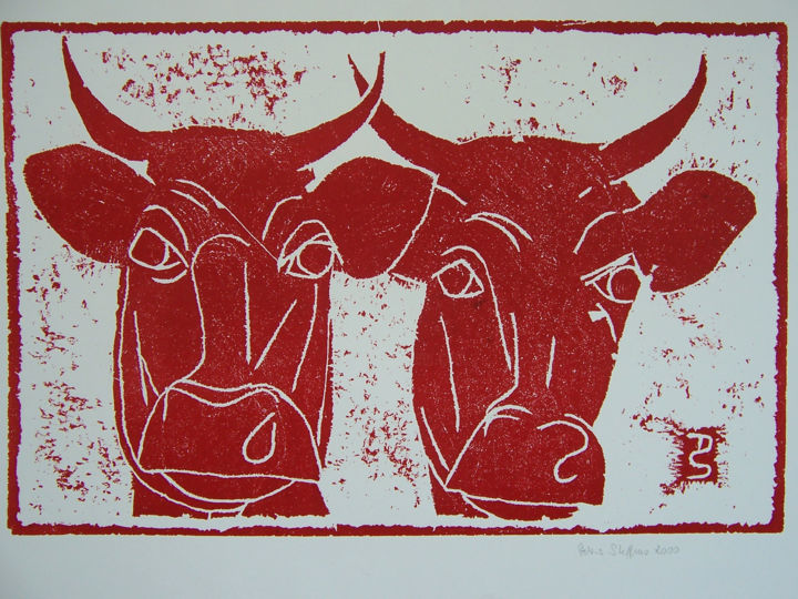 Printmaking titled "Kuhpaar" by Doris Steffens, Original Artwork, Xylography