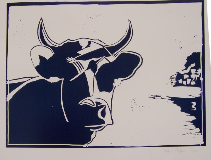 Printmaking titled "Blauer Kuhkopf" by Doris Steffens, Original Art, Linocuts