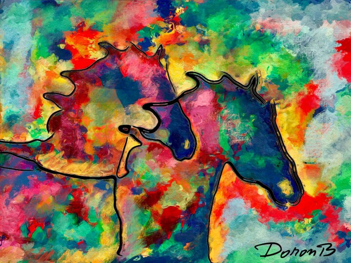 Arts numériques intitulée "Deux chevaux au gal…" par Doron B, Œuvre d'art originale, Peinture numérique
