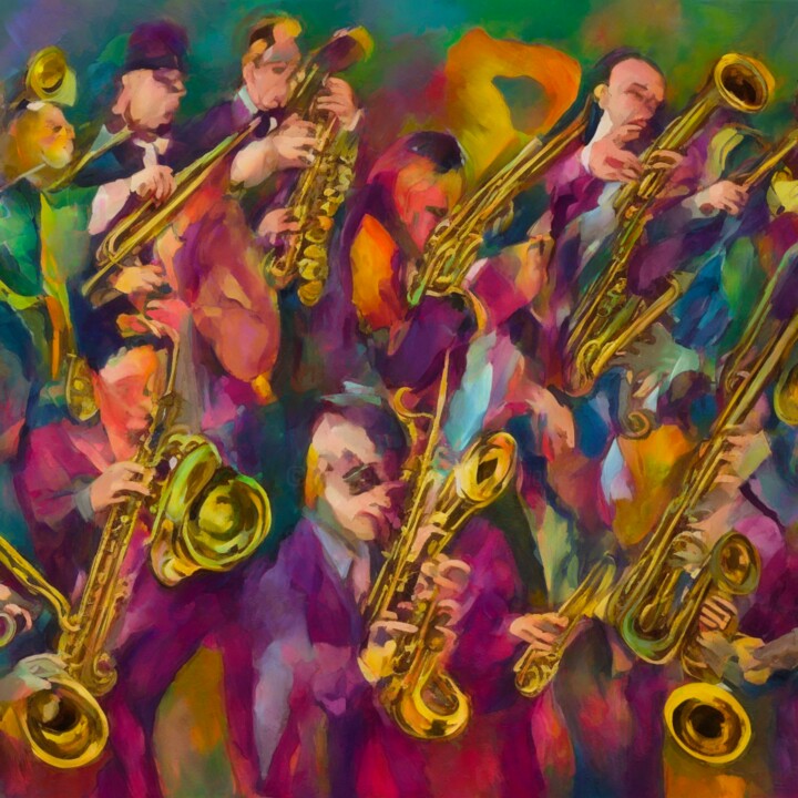 Digital Arts titled "Trompettistes jazz…" by Doron B, Original Artwork, AI generated image