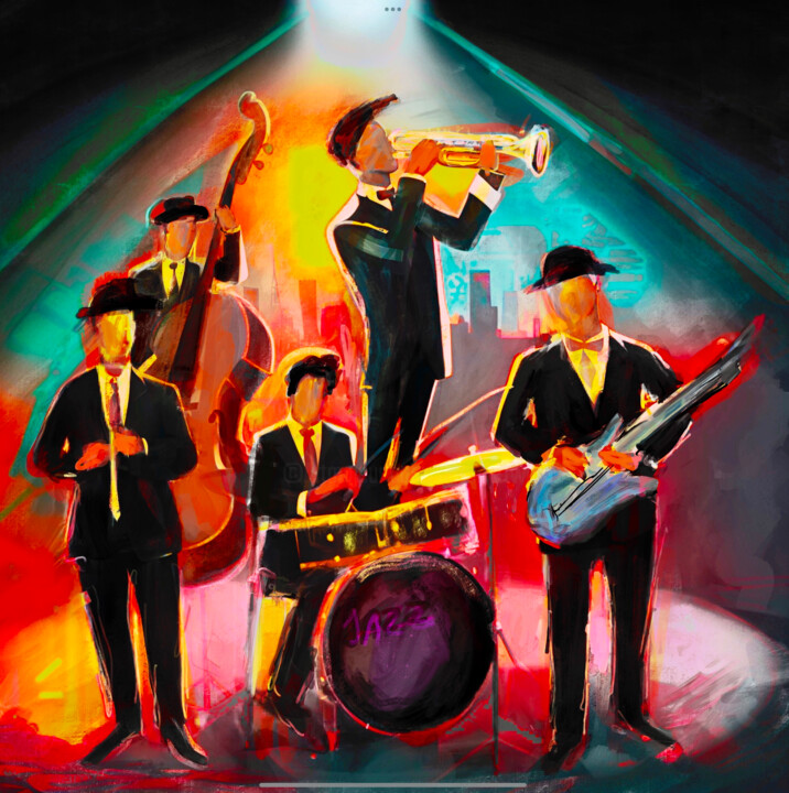 Digital Arts titled "Five jazz band" by Doron B, Original Artwork, Digital Painting