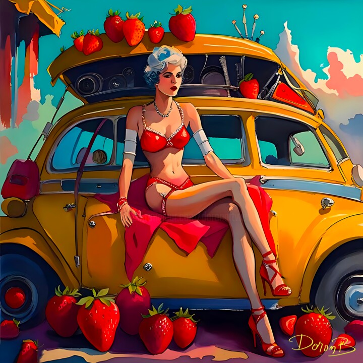Digitale Kunst mit dem Titel "Une Volkswagen jaune" von Doron B, Original-Kunstwerk, Digitale Malerei