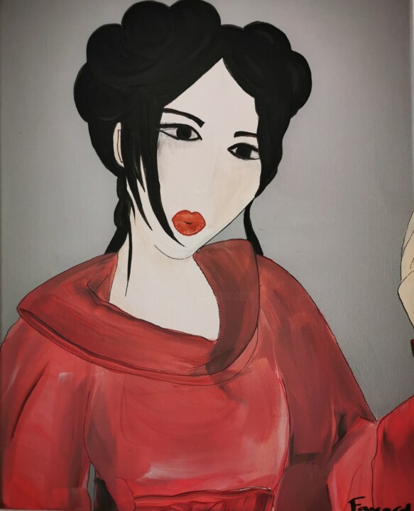 Painting titled "Geisha rose" by Dorothée Fayard, Original Artwork, Acrylic Mounted on Wood Stretcher frame