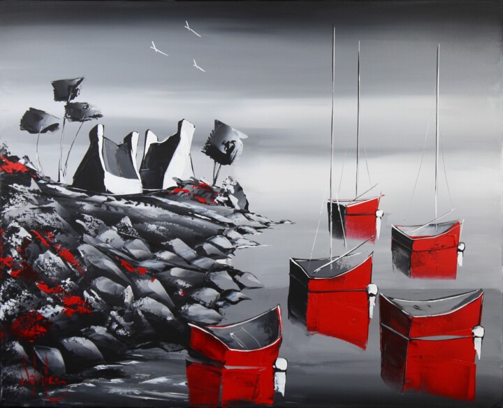 Painting titled "Les barques rouges" by Jpdouchez, Original Artwork, Acrylic