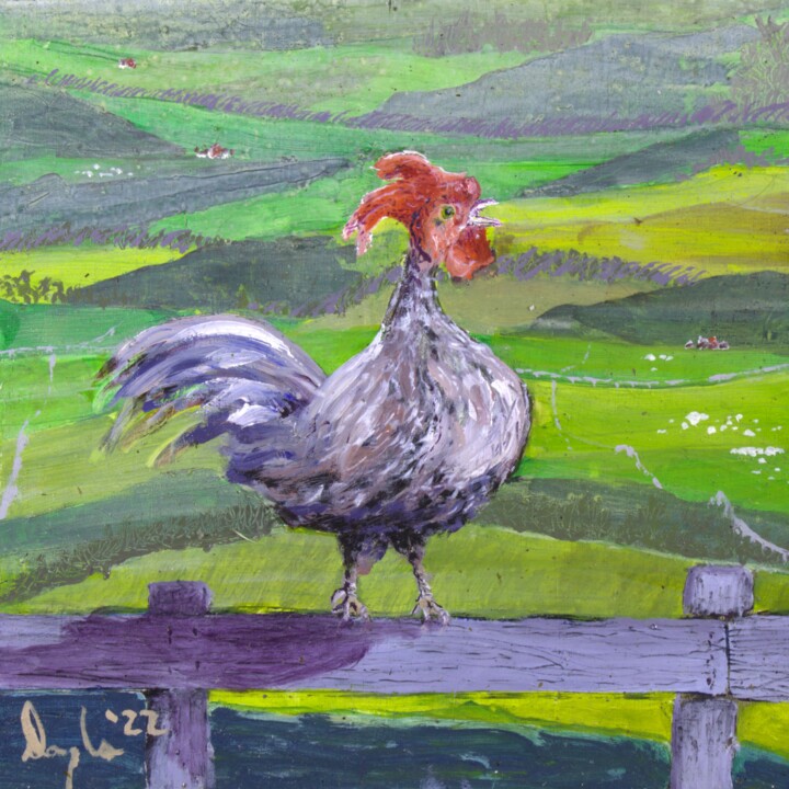 Painting titled "Rooster On A Fence" by Douglas Black, Original Artwork, Oil