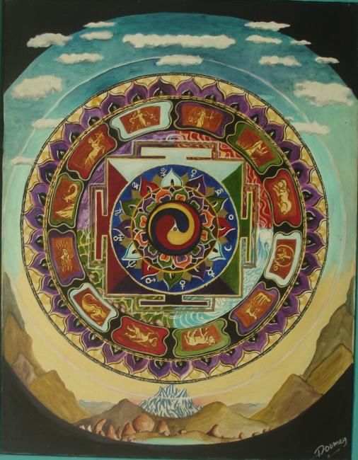 Peinture intitulée "MANDALA DU ZODIAQUE" par Doumey Durieux-Assima (DOUMEYART), Œuvre d'art originale, Huile