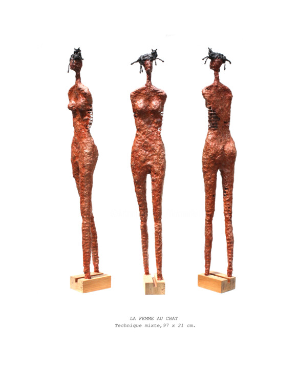Sculptuur getiteld "LA FEMME AU CHAT -…" door Dov Melloul, Origineel Kunstwerk, Draad