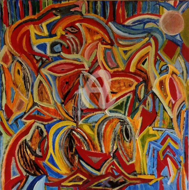 Painting titled "Animaux domestiques…" by Jean Duchemin, Original Artwork, Acrylic