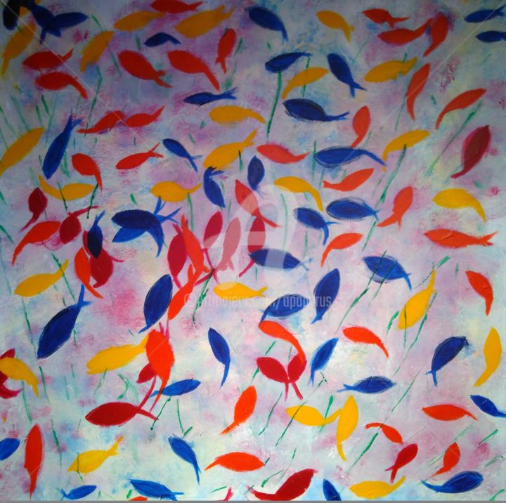 Painting titled "Poissons . Nage" by Jean Duchemin, Original Artwork, Acrylic