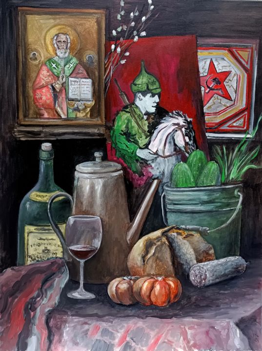 Painting titled "Stillleben in Rot 1…" by Krughoff, Original Art, Acrylic