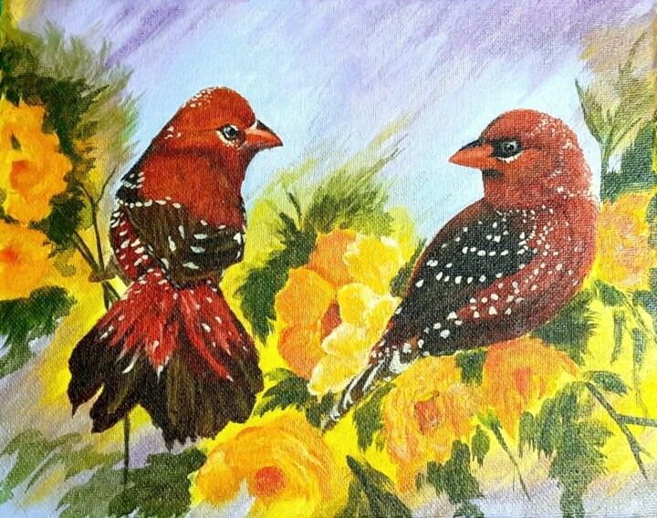 「Strawberry finches」というタイトルの絵画 Dr. Priyanjalee Banerjeeによって, オリジナルのアートワーク, アクリル