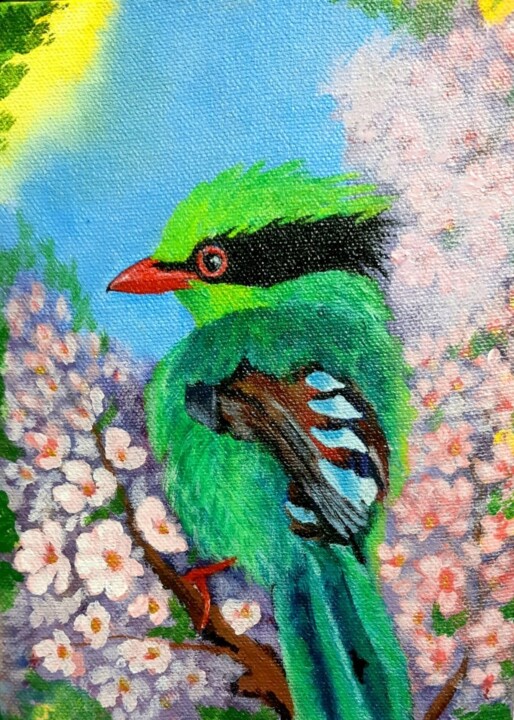Painting titled "Common green magpie" by Dr. Priyanjalee Banerjee, Original Artwork, Acrylic Mounted on Wood Stretcher frame