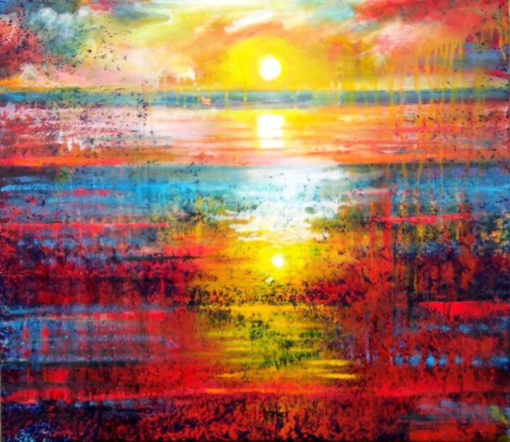 Painting titled "Sunset 02" by Valdemart, Original Artwork, Oil Mounted on Wood Stretcher frame