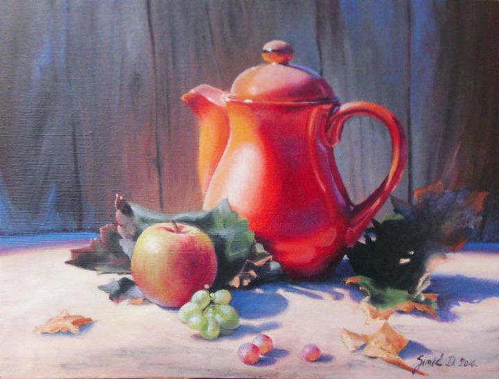 Painting titled "Red teapot" by Dragana Simić, Original Artwork, Oil