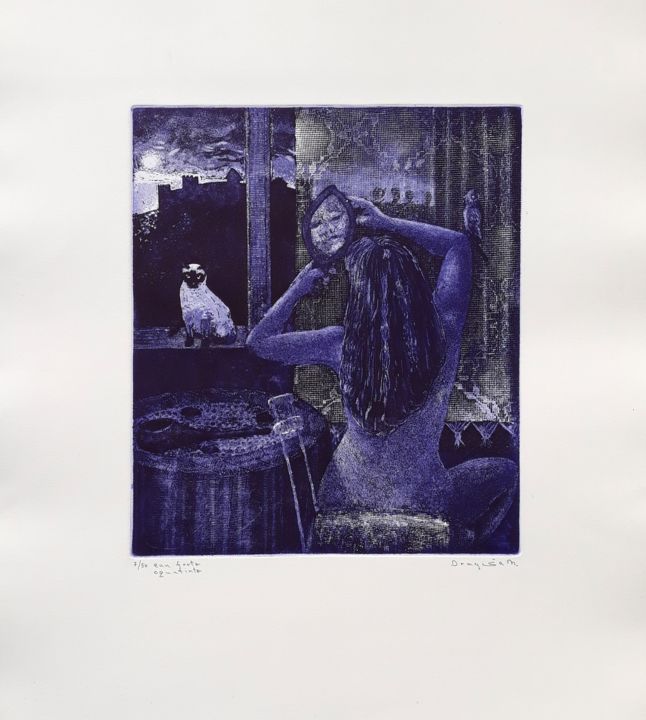 Printmaking titled "Purple Act" by Dragisa Milosevic, Original Artwork, Engraving