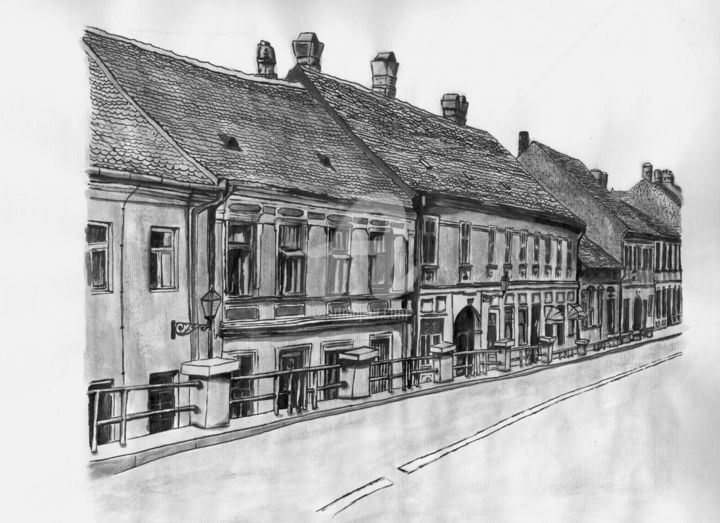 Drawing titled "Old Petrovaradin" by Dragoslav Čupić, Original Artwork, Ink
