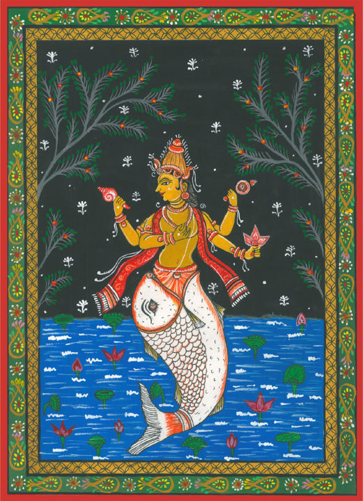 Картина под названием "Matsya avtar [Patta…" - Drashti [Artist], Подлинное произведение искусства, Акварель