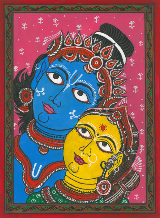Картина под названием "Radha krishna [Patt…" - Drashti [Artist], Подлинное произведение искусства, Акварель
