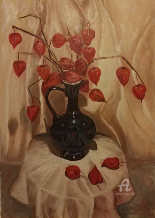 Картина под названием "Кувшин с физалисами" - Гуля Ахангаранская, Подлинное произведение искусства, Столовое искусство