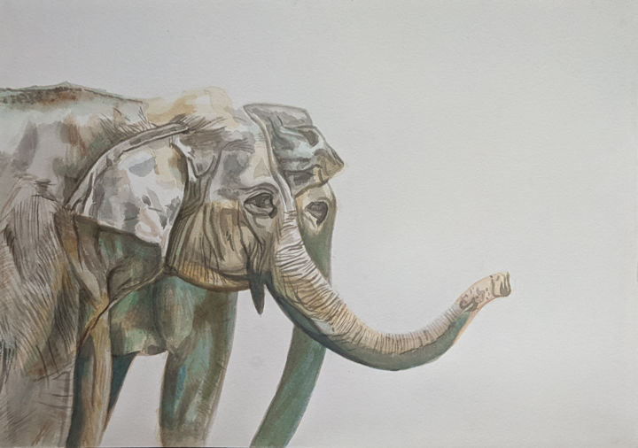Painting titled "Asian Elephants" by Dreamart, Original Artwork, Watercolor