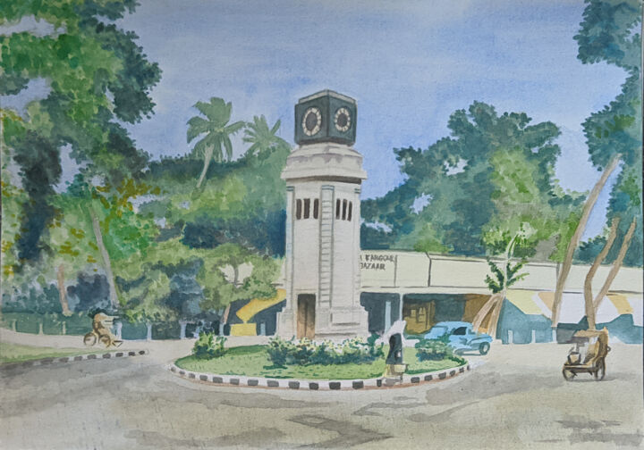 Painting titled "50s Clock Tower" by Dreamart, Original Artwork, Watercolor
