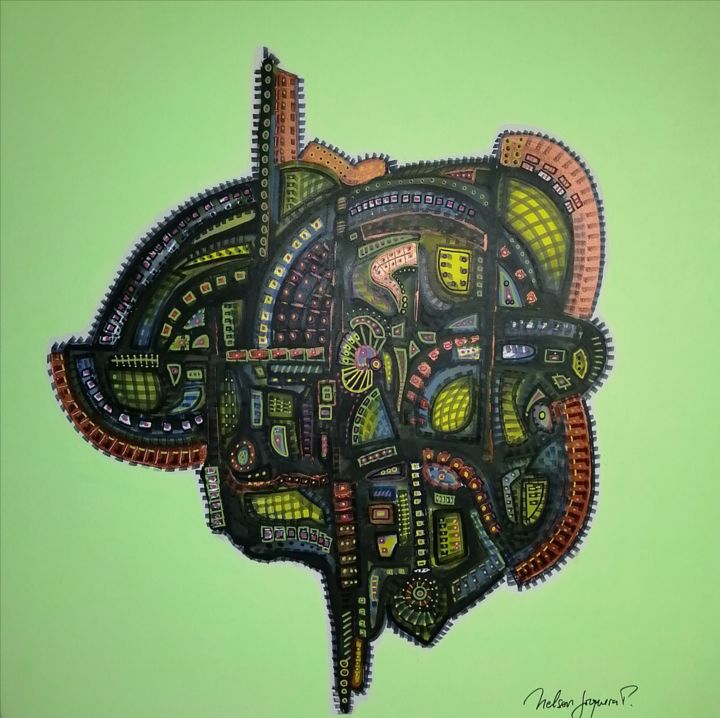 Painting titled "Bio-Engrenagem" by Nelson Jorquera Peralta, Original Artwork, Acrylic
